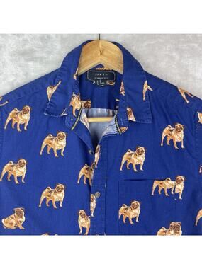 Forever 21 Men's XS Pug Print Blue Shirt Short Sleeve Kitsch Campcore Kidcore